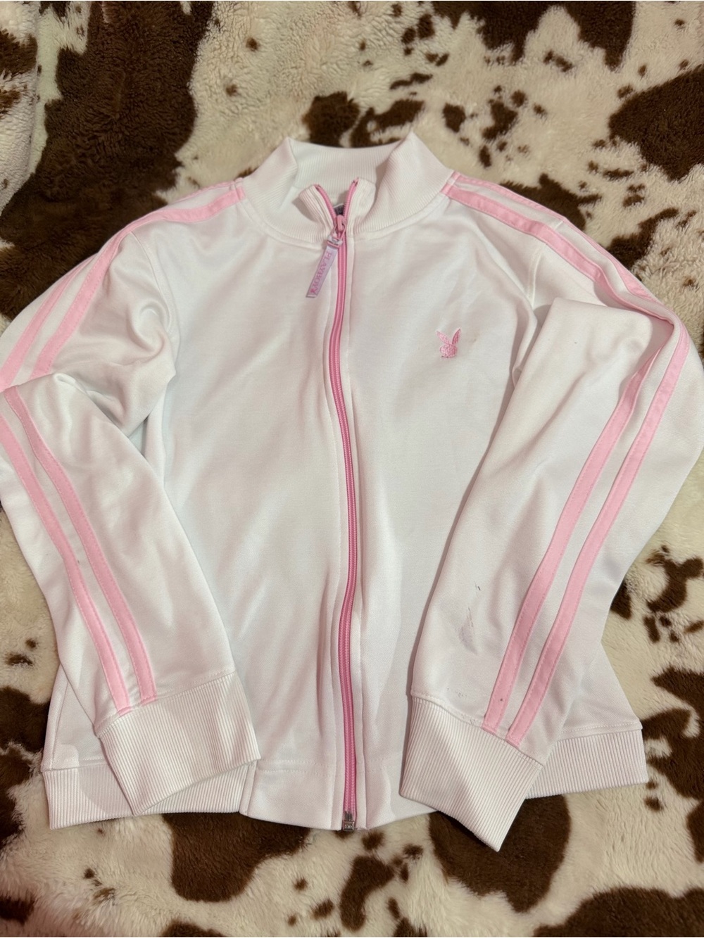 PLAYBOY White Zip-Front Jacket with Pink Stripes